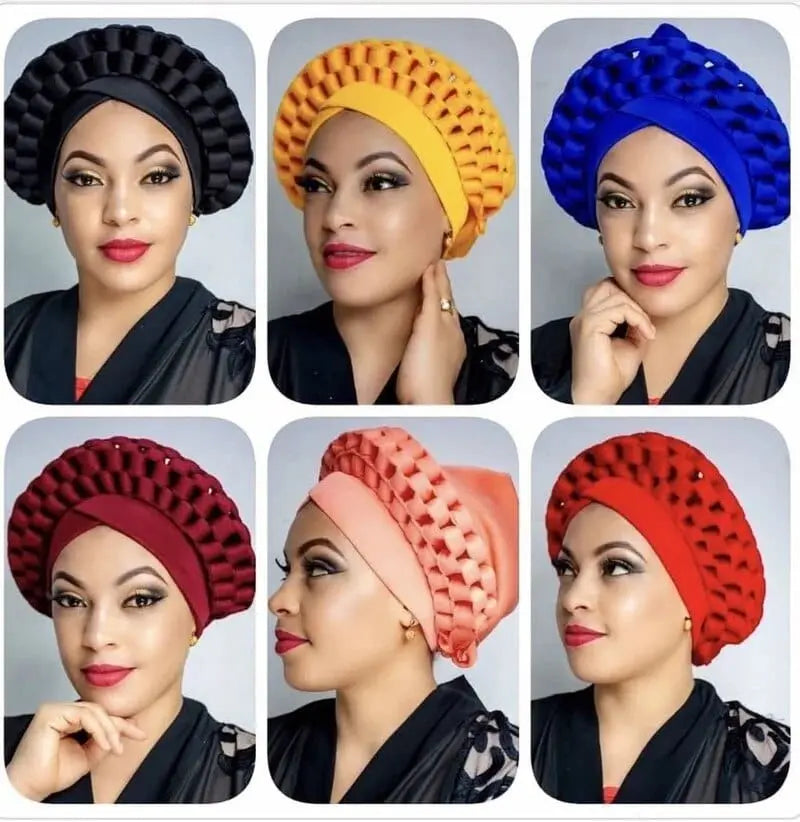 Showlu African auto gele headtie and turban cap, Nigerian wedding two-piece head wrap and hijab for women, made by Showlu Fashion Store.