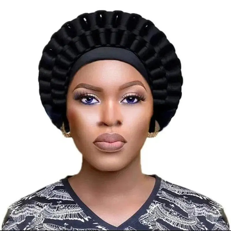 Showlu African auto gele headtie and turban cap set for Nigerian weddings, featuring vibrant, woven fabric in a two-piece design.