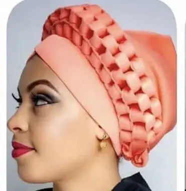 Showlu African Auto Gele headtie and turban cap set for Nigerian weddings, featuring vibrant, intricately styled two-piece headwrap.