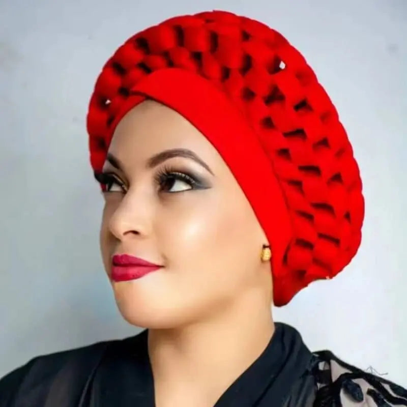 Showlu African auto gele headtie and turban cap set for Nigerian weddings, stylish two-piece head wrap for women.