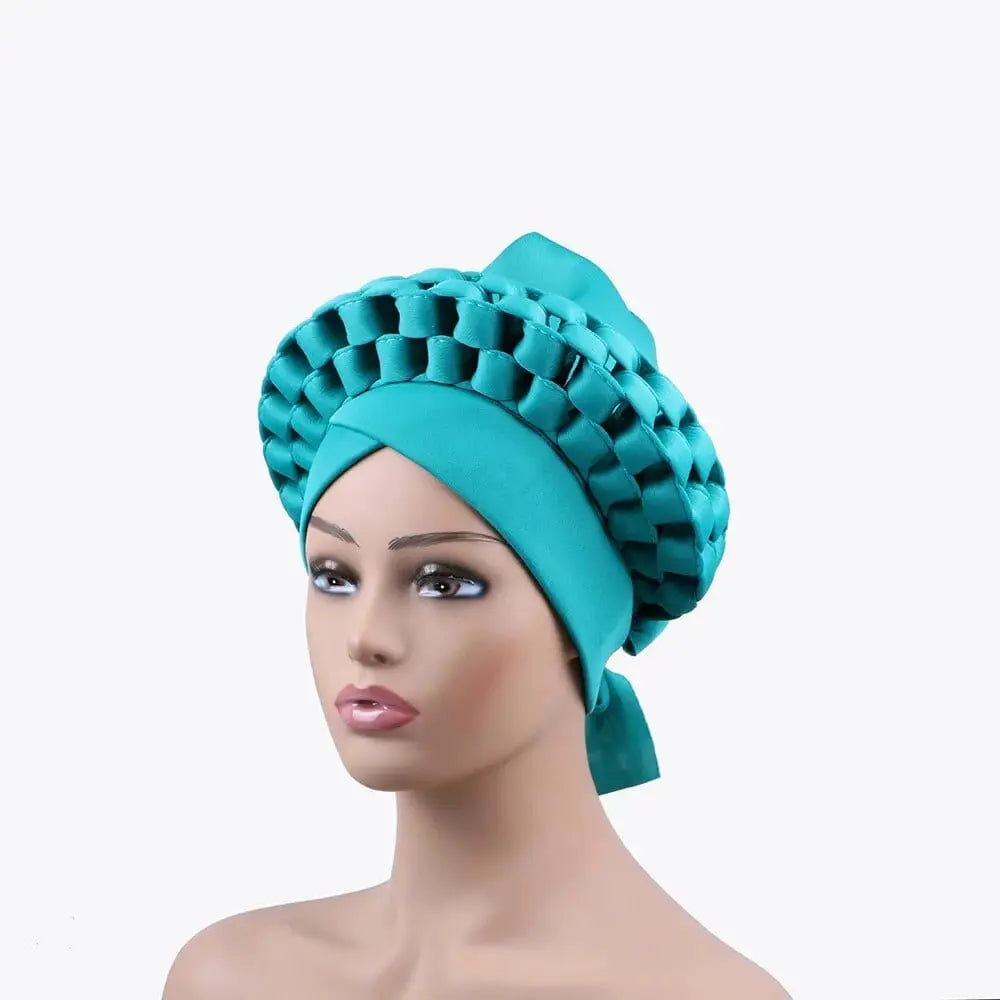 Showlu African auto gele headtie and turban cap, Nigerian wedding two-piece headwrap for women, made by Showlu Fashion Store.