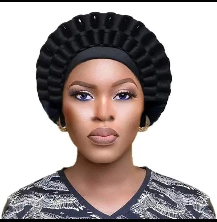 Showlu African Auto Gele headtie and turban cap for Nigerian weddings, two-piece, vibrant traditional headwrap and hijab style.