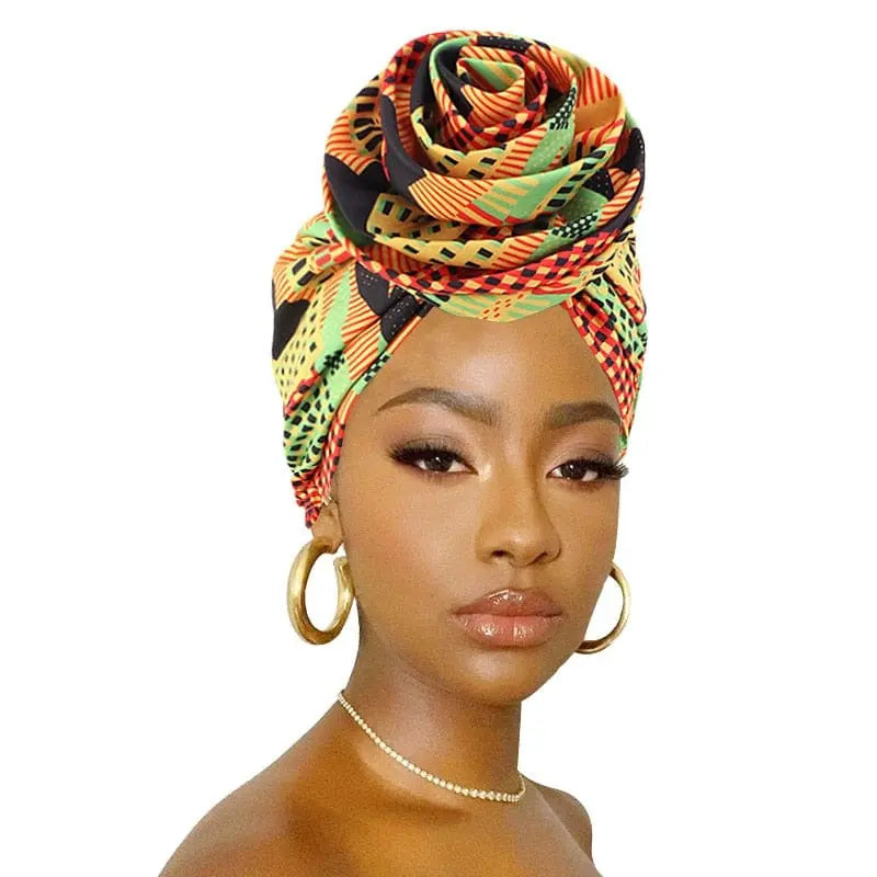 African print stretch bandana head wrap with satin floral design, stylish Ankara turban for women’s hair accessories.