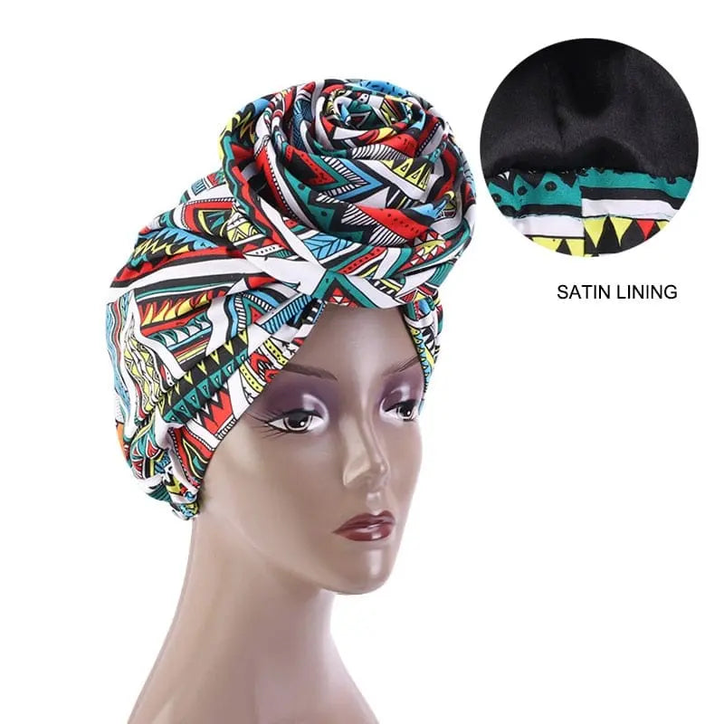 African print stretch bandana head wrap with satin floral design, versatile Ankara turban for women’s hair accessories.