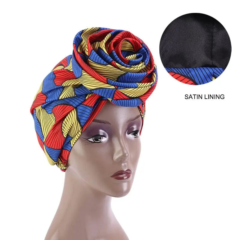 African print stretch bandana head wrap with satin floral turban design, stylish Ankara dashiki headwear for women.