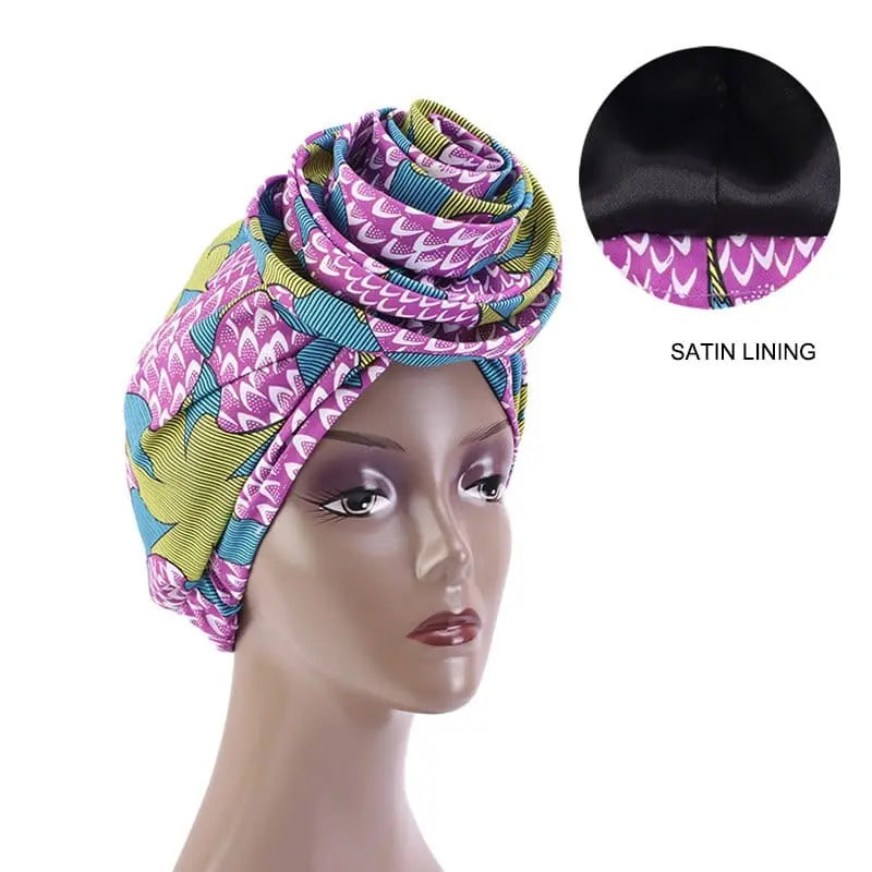 African print satin floral turban head wrap from Showlu Store Nation, featuring a stretch bandana style and vibrant Ankara pattern.