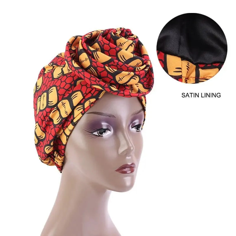 African print stretch bandana head wrap with satin floral turban design, versatile Ankara dashiki headwear for women.