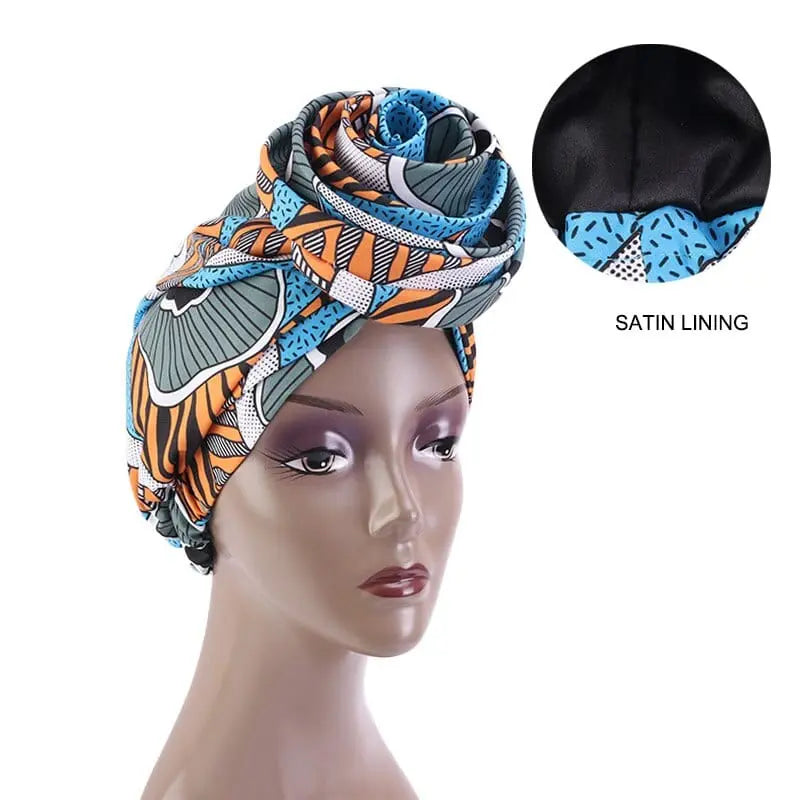African print stretch bandana head wrap with satin floral design, versatile turban-style hair accessory for women from Showlu Store Nation