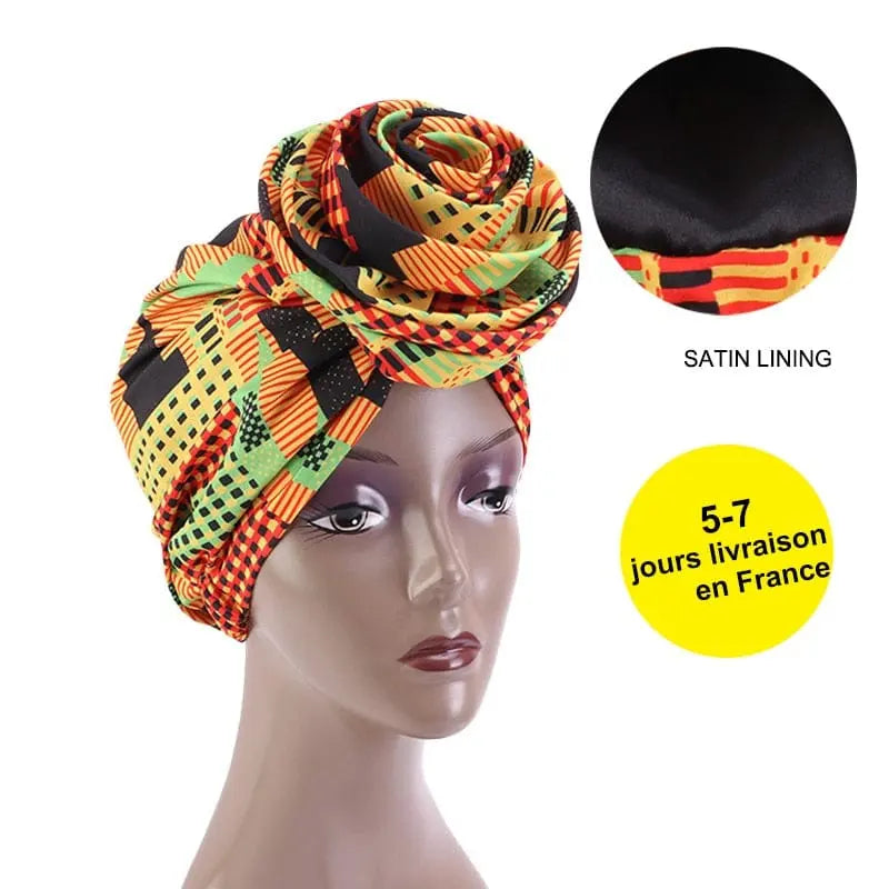 African print satin floral head wrap from Showlu Store Nation, stretch bandana turban with vibrant Ankara dashiki design for women.