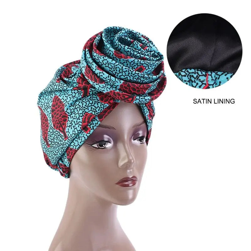 African print satin bandana head wrap with floral Ankara design, versatile turban-style hair accessory by Showlu Store Nation
