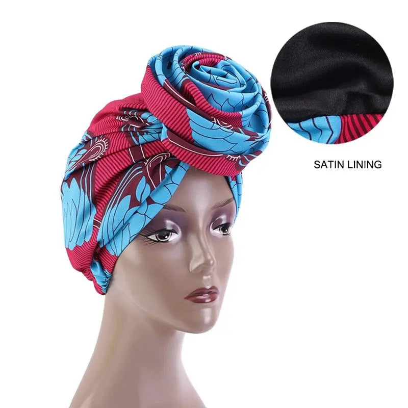 African print stretch bandana head wrap with satin floral design, versatile turban for women’s hair and party accessories.