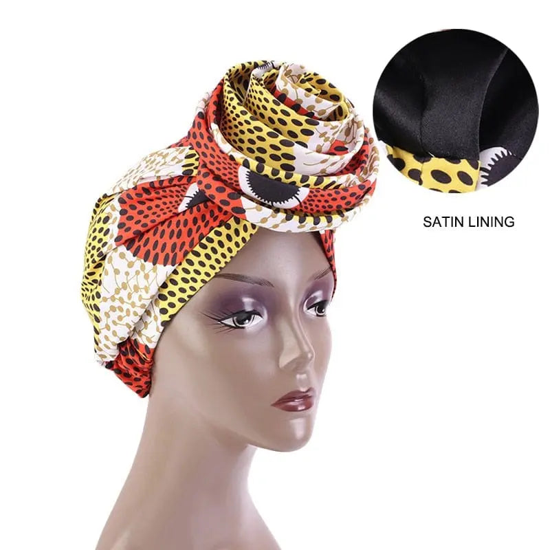 African print stretch bandana head wrap with satin floral design, stylish Ankara turban for women hair accessories.