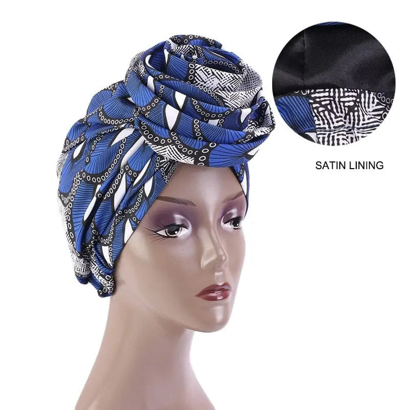 African print satin bandana head wrap with floral Ankara design, versatile turban-style hair accessory for women.
