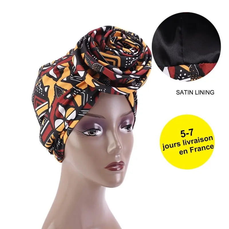 African print stretch bandana head wrap with satin floral design, Ankara dashiki style turban for women’s hair accessory.