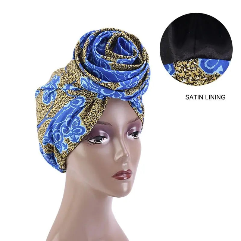 African print stretch bandana head wrap with satin floral design, versatile turban-style hair accessory by Showlu Store Nation