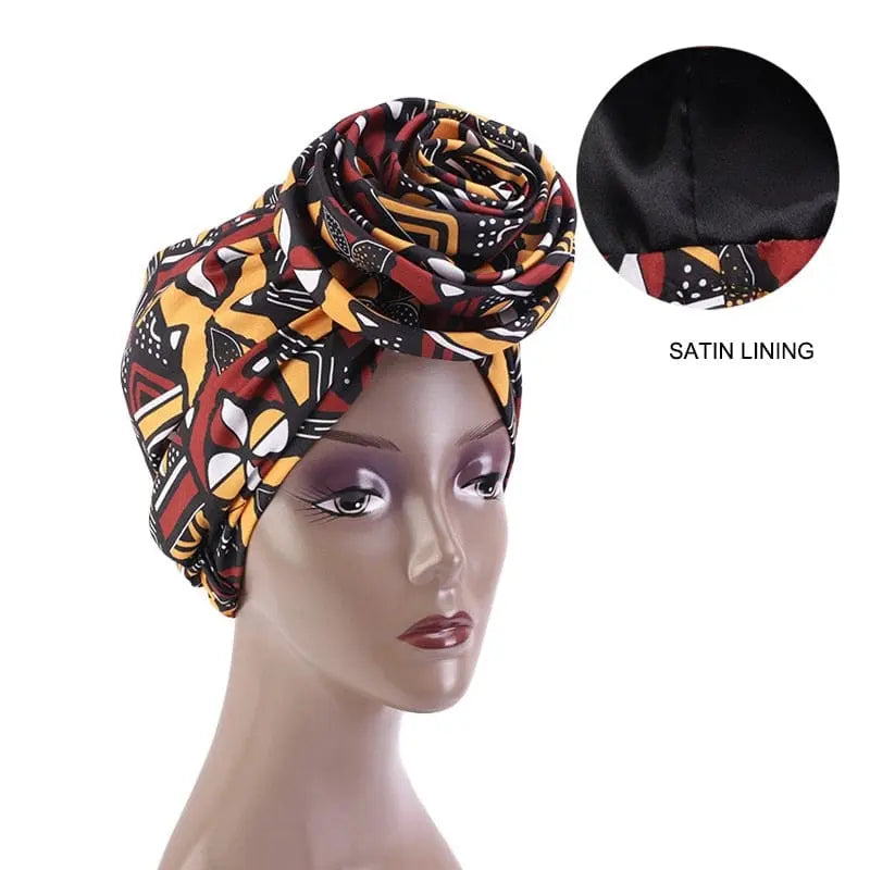 African print stretch bandana head wrap with satin floral design, stylish turban headwear for women by Showlu Store Nation.