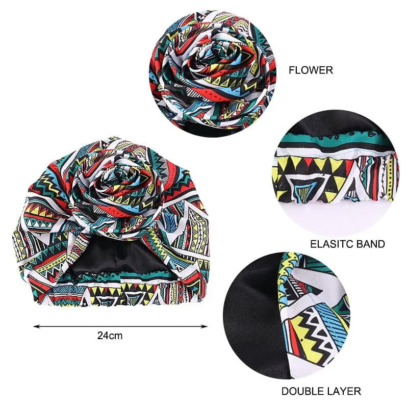African print satin floral turban head wrap, Showlu Store Nation, versatile stretchy bandana for women’s hair and headwear.