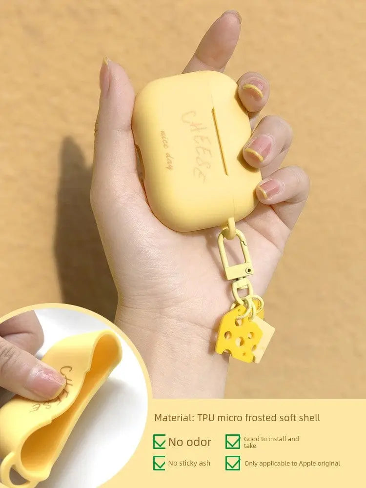 Showlu Fashion Store's cute cheese silicone case for AirPods Pro 2, soft TPU cover with a trendy, playful design for wireless earbuds.
