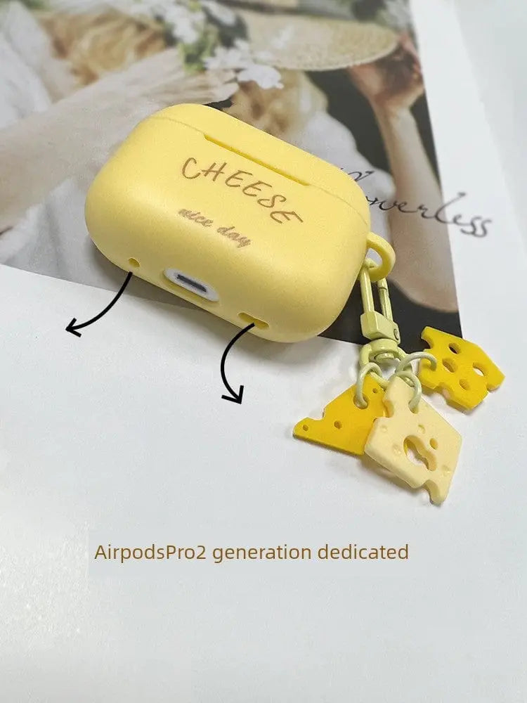 Showlu Fashion Store's cute cheese silicone case for AirPods Pro 2, soft TPU protective cover for Apple wireless earbuds.