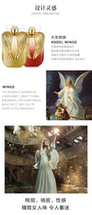 Two perfume bottles with gold angel wing designs displayed alongside images of angels.