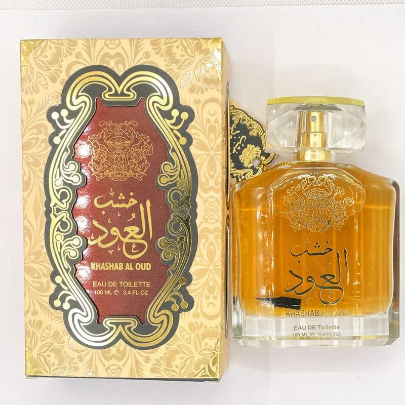 A 100ml clear bottle of Arabian sandalwood atmospheric perfume for men and women, with gold liquid and cap, comes in an ornate gold-and-red box. Exclusively crafted for the Middle East fragrance market in Dubai, UAE.