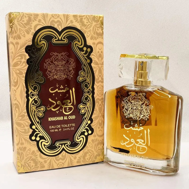 A rectangular bottle of Arabian Sandalwood atmospheric perfume for men and women, 100ml, with gold Arabic script on amber liquid, stands beside its ornate gold and brown box—exclusively for Middle East fragrance Dubai UAE royal use.