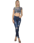 Lazurite Arden distressed skinny jeans in dark wash with mid-rise fit, showcasing a fitted denim style for women's casual wear.