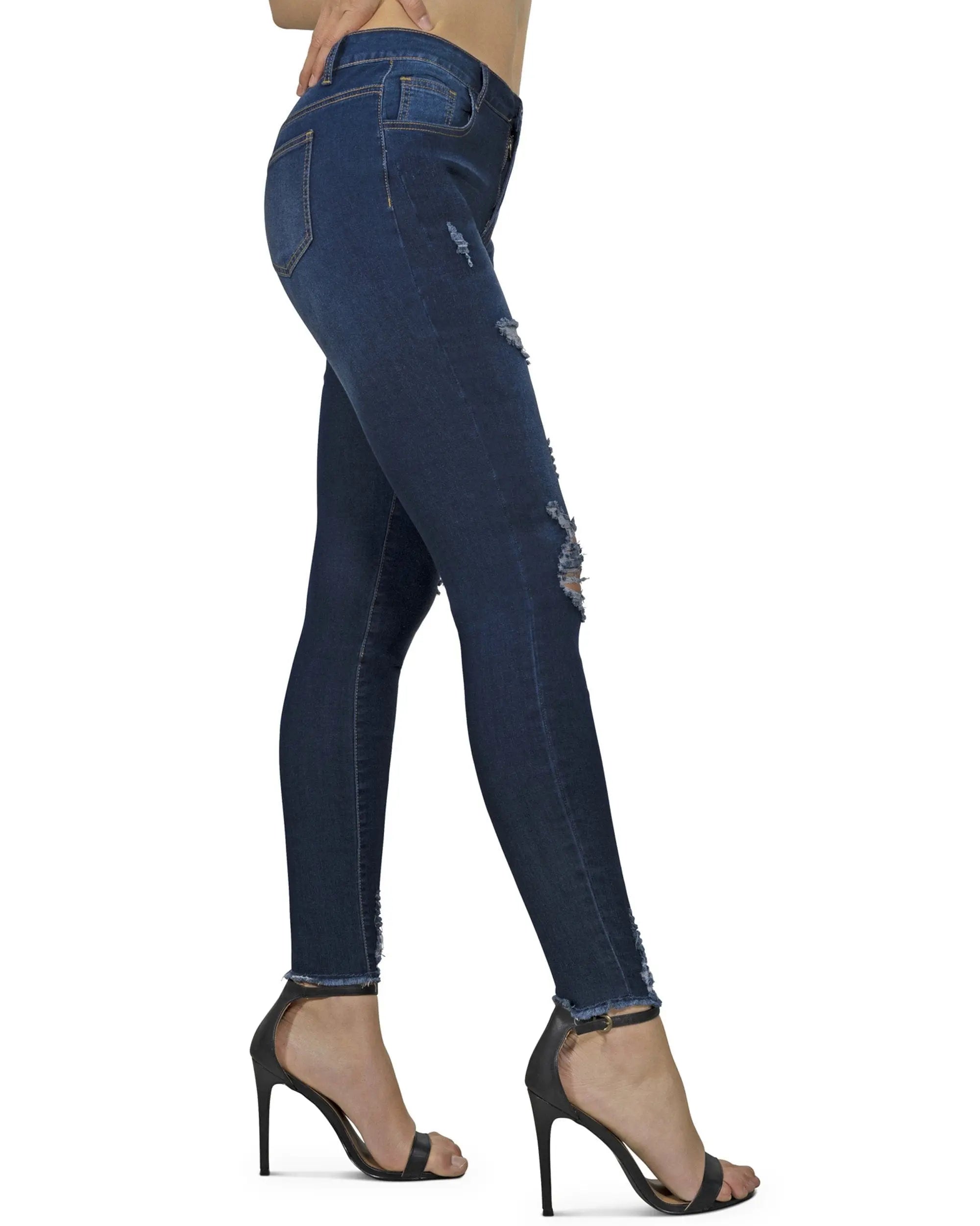 Dark wash Lazurite Arden distressed skinny jeans for women, mid-rise denim with a fitted, stylish silhouette.