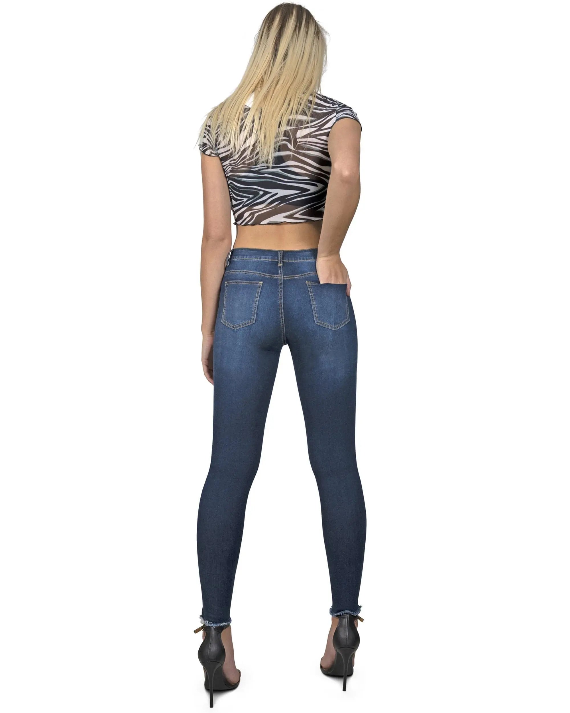Dark wash Lazurite Arden distressed skinny jeans for women, mid-rise denim with a fitted, stylish silhouette.