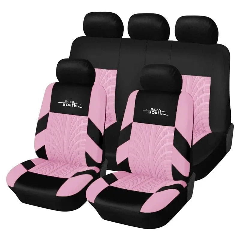 AutoYouth universal car seat covers set featuring premium cloth material, compatible with airbags, including front and rear seats.
