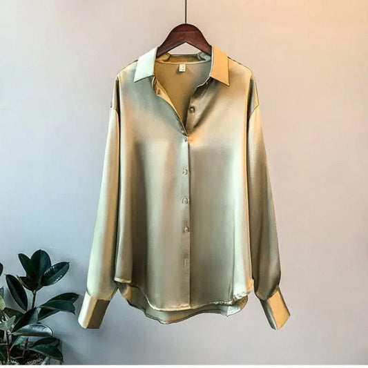 Showlu Fashion Store 0 ArmyGreen / M 48-53kg Autumn 2022 Womens Clothing Silk Shirt Vintage Blouse Women Sheer Top Women Long Sleeve Dress Shirt Plus Size Women Overshirt