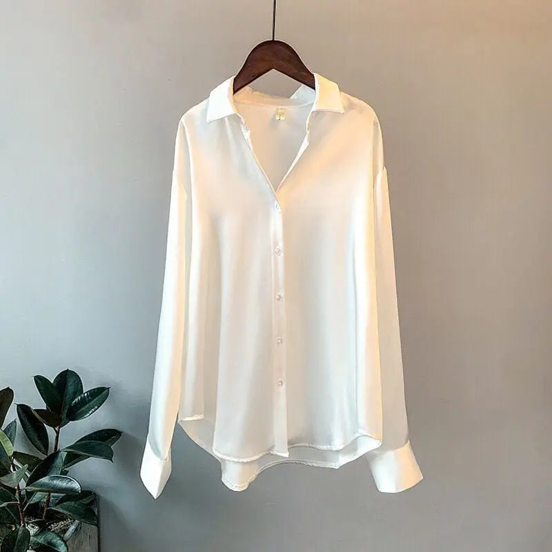 Showlu Fashion Women's silk chiffon long sleeve blouse, vintage style, sheer dress shirt for women, plus size overshirt.