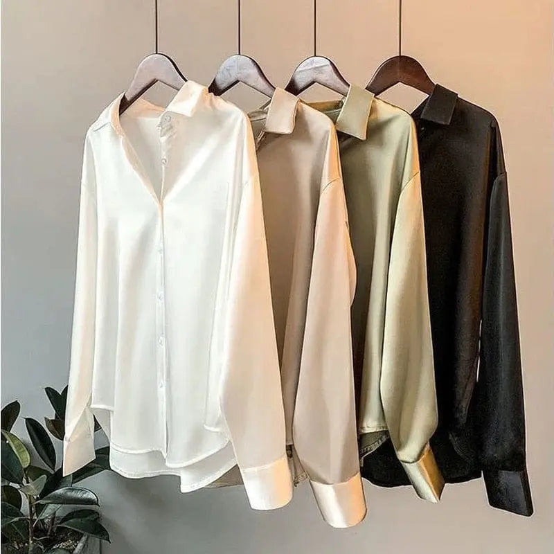 Showlu Fashion Women's silk chiffon long sleeve blouse, vintage style, sheer fabric, plus-size dress shirt for women.