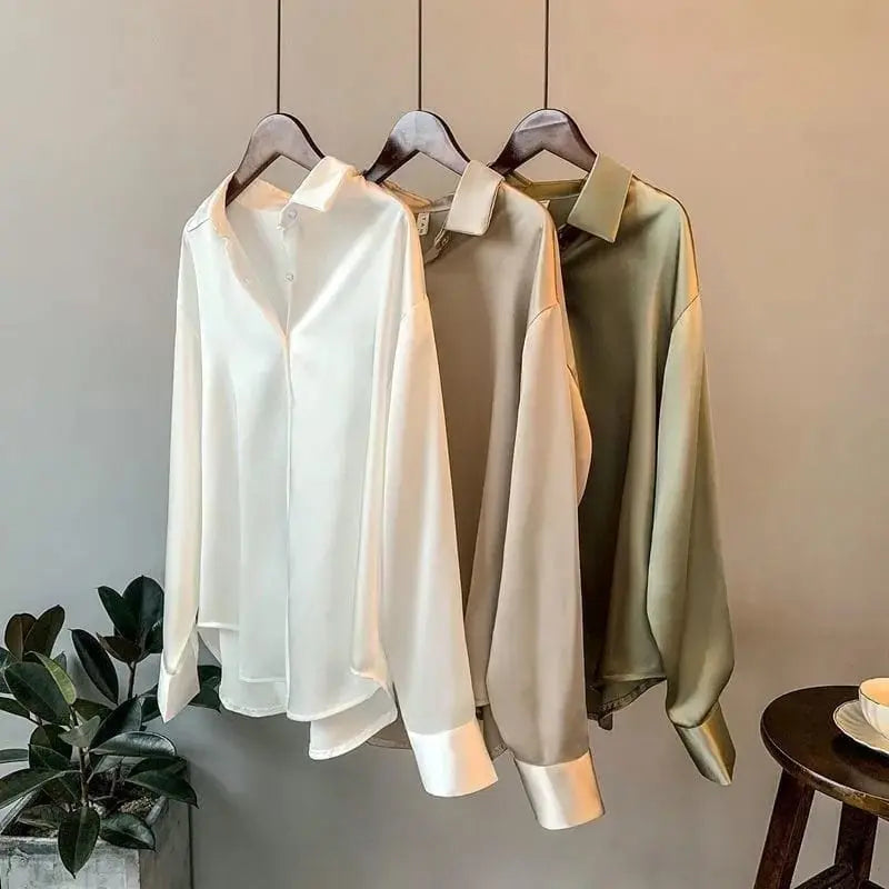 Showlu Fashion Women's silk chiffon long sleeve blouse, vintage style, sheer top with elegant design, perfect for autumn wear.
