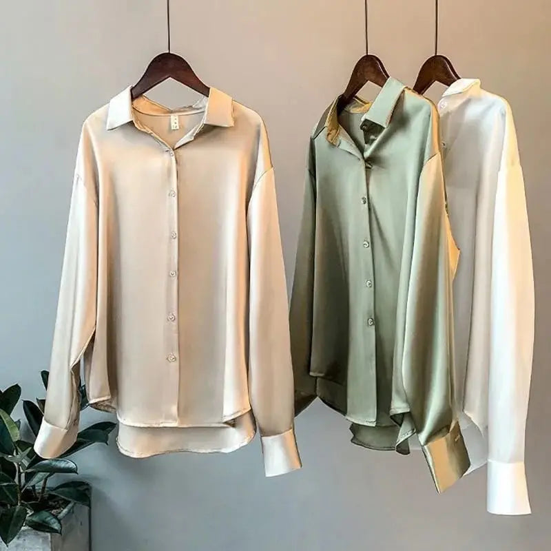 Showlu Fashion Women's silk chiffon long sleeve blouse in vintage style, sheer fabric, perfect for autumn, plus size option.