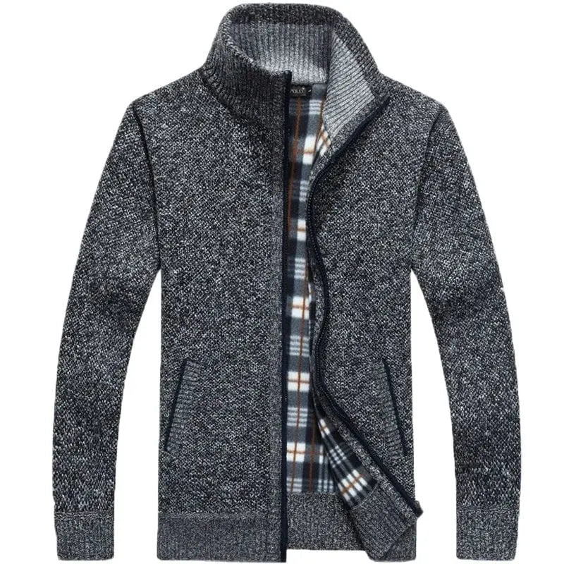 Men's thick wool sweater coat with faux fur zipper, knitted cardigan by Showlu Fashion Store, perfect for warm autumn-winter casual wear.