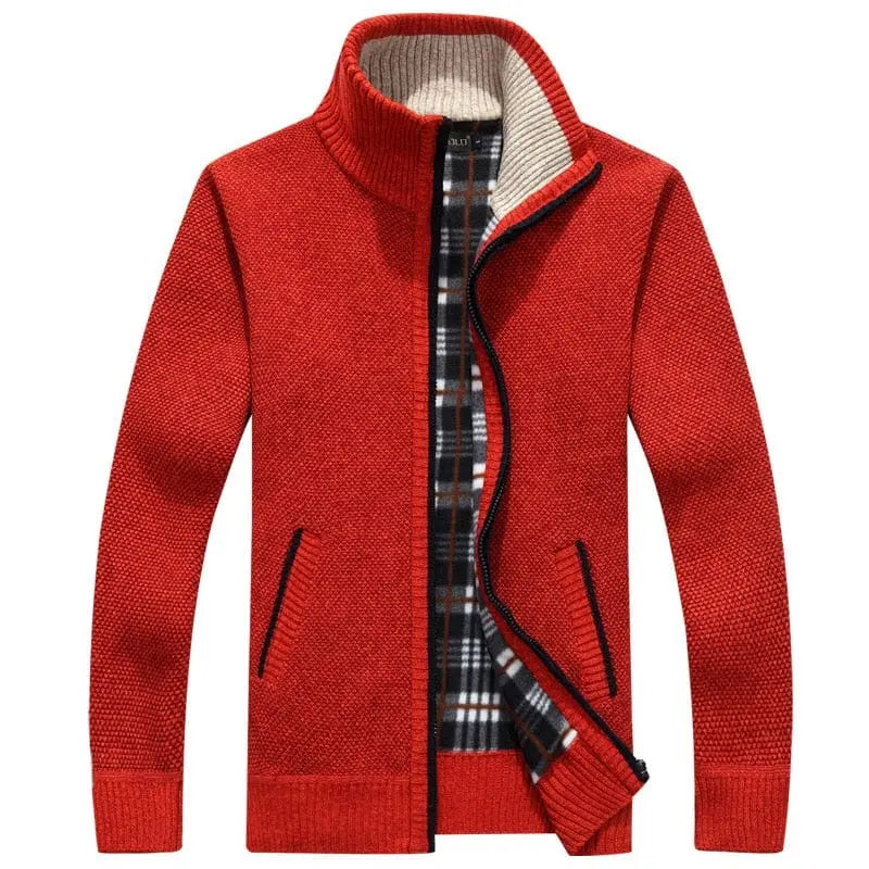 Men's thick wool sweater coat with faux fur zipper, casual knitted cardigan by Showlu Fashion Store, ideal for autumn and winter warmth.