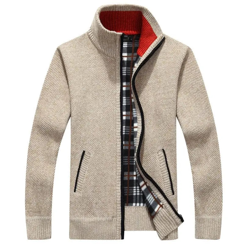 Showlu Fashion Men's thick wool sweater coat with faux fur zipper, knitted knitwear cardigan, warm casual winter jacket.