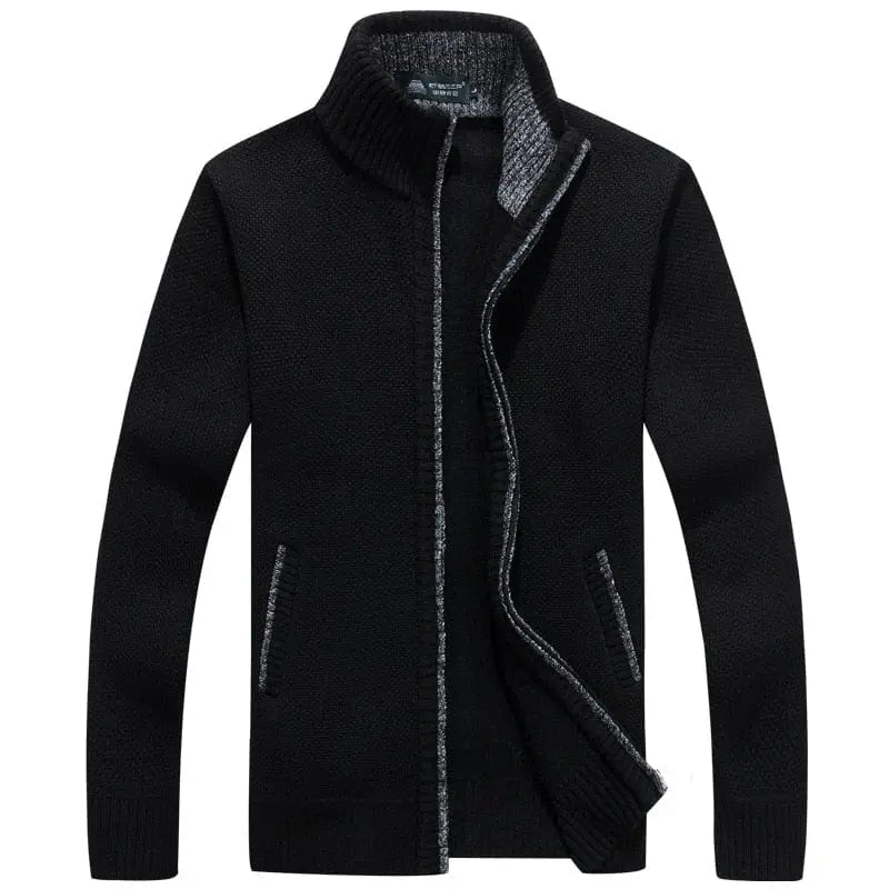Men's thick wool sweater coat with faux fur zipper, knitted cardigan by Showlu Fashion Store, warm casual winter outerwear.