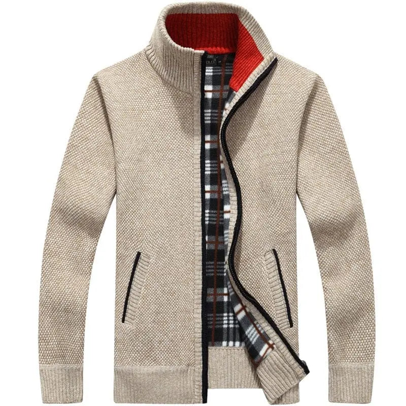 Men's thick wool sweater coat with faux fur zipper, knitted cardigan from Showlu Fashion Store, ideal for autumn and winter warmth.