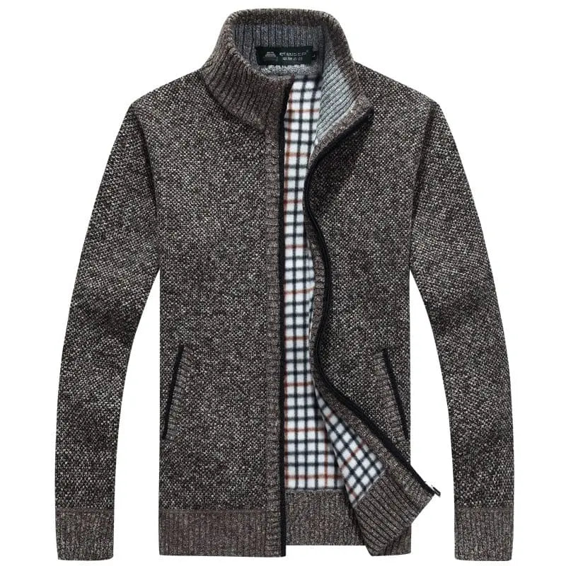 Men's thick wool sweater coat with faux fur zipper, knit cardigan, warm winter casual outerwear, by Showlu Fashion Store.