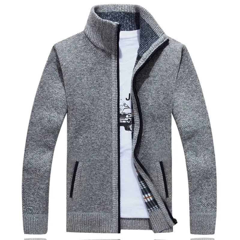 Men's thick wool sweater coat with faux fur zipper, knit cardigan by Showlu Fashion Store, suitable for autumn and winter warmth.