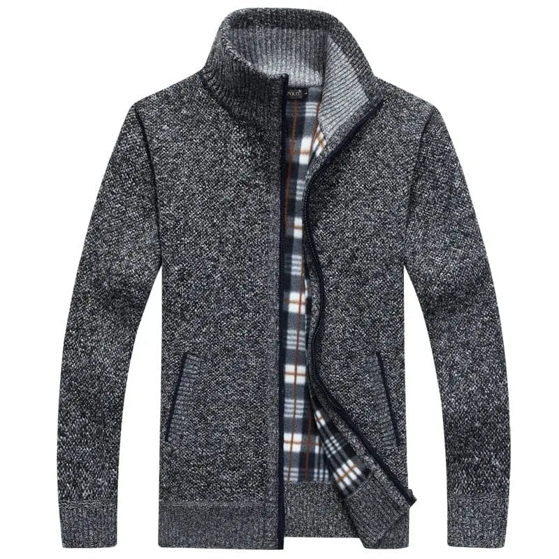 Men's thick wool sweater coat with faux fur zipper, casual knitted cardigan by Showlu Fashion, ideal for autumn and winter warmth.