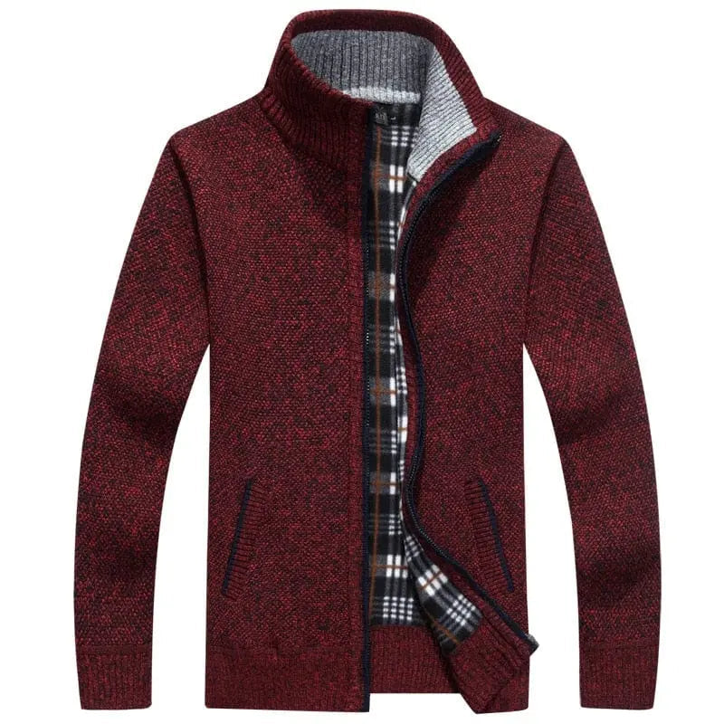 Men's thick wool sweater coat with faux fur zipper, knitted casual cardigan in warm autumn-winter fashion by Showlu Fashion Store.