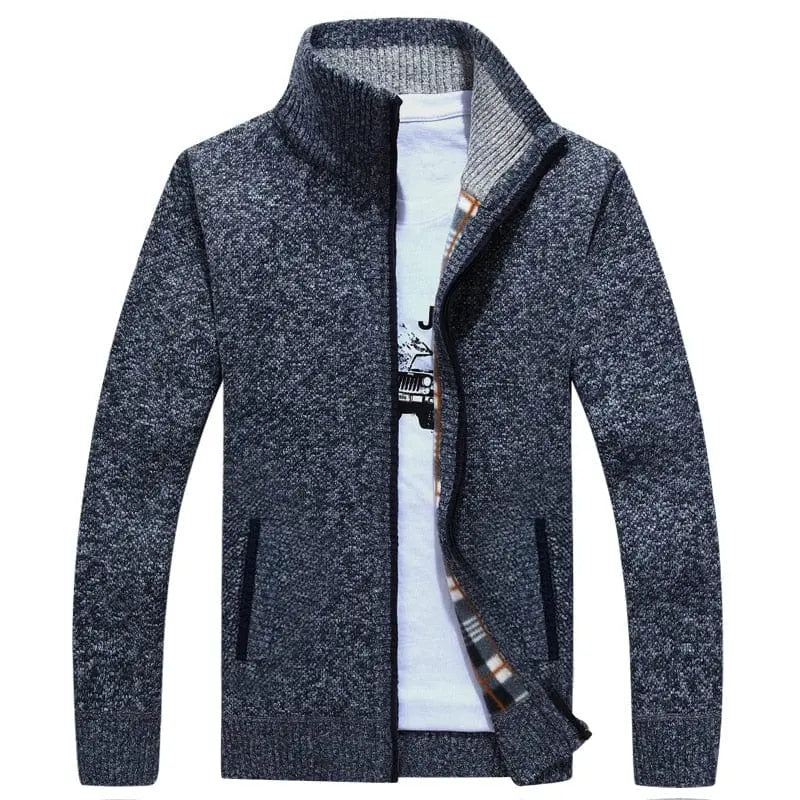 Men's thick wool sweater coat with faux fur zipper, casual knitted cardigan by Showlu Fashion Store, perfect for autumn and winter warmth.