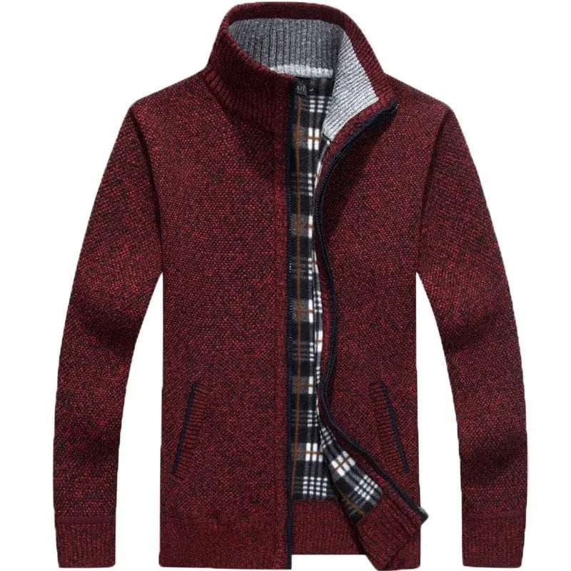 Men's thick wool sweater coat with faux fur zipper, knitted design, warm casual cardigan by Showlu Fashion Store.