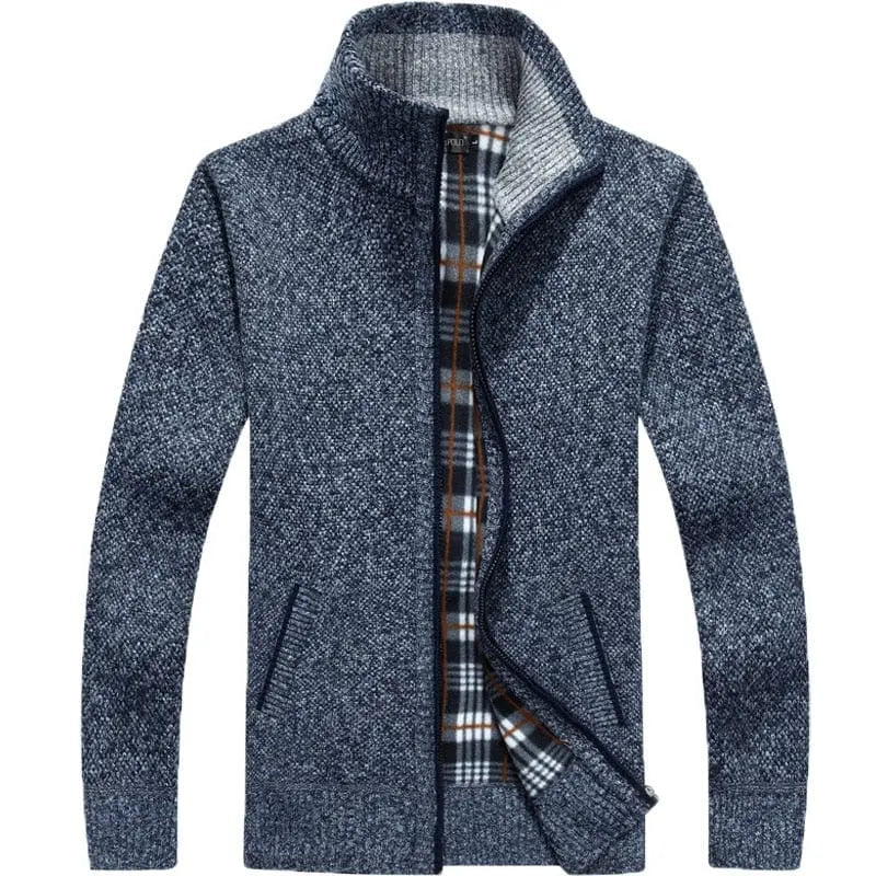 Men's thick wool sweater coat with faux fur zipper, knitted cardigan style, warm casual outerwear from Showlu Fashion Store.