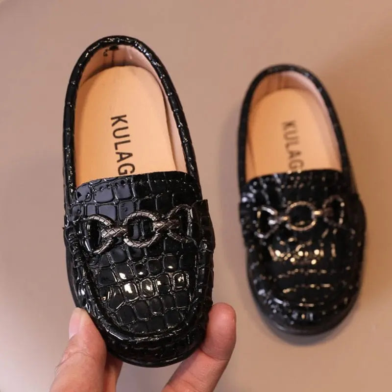 Baby boys leather loafers by Showlu Fashion Store, slip-on casual moccasins with metal buckle, ideal for weddings or parties.