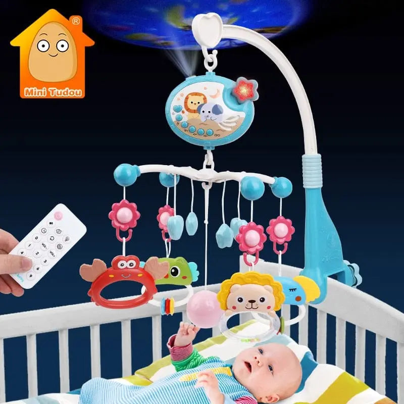 Mini Tudou baby crib mobile with musical projector, rotating rattle toy, night light, and educational features for infants 0-12 months.