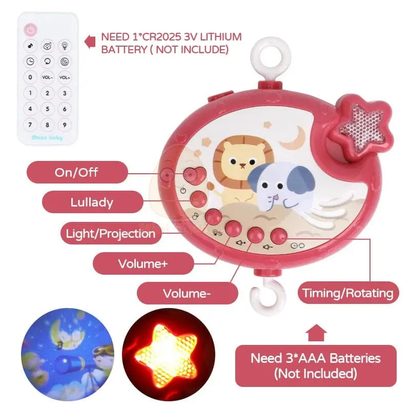 Mini Tudou baby crib mobile with musical projector, rotating rattle toy, night light, and educational features for infants 0-12 months.